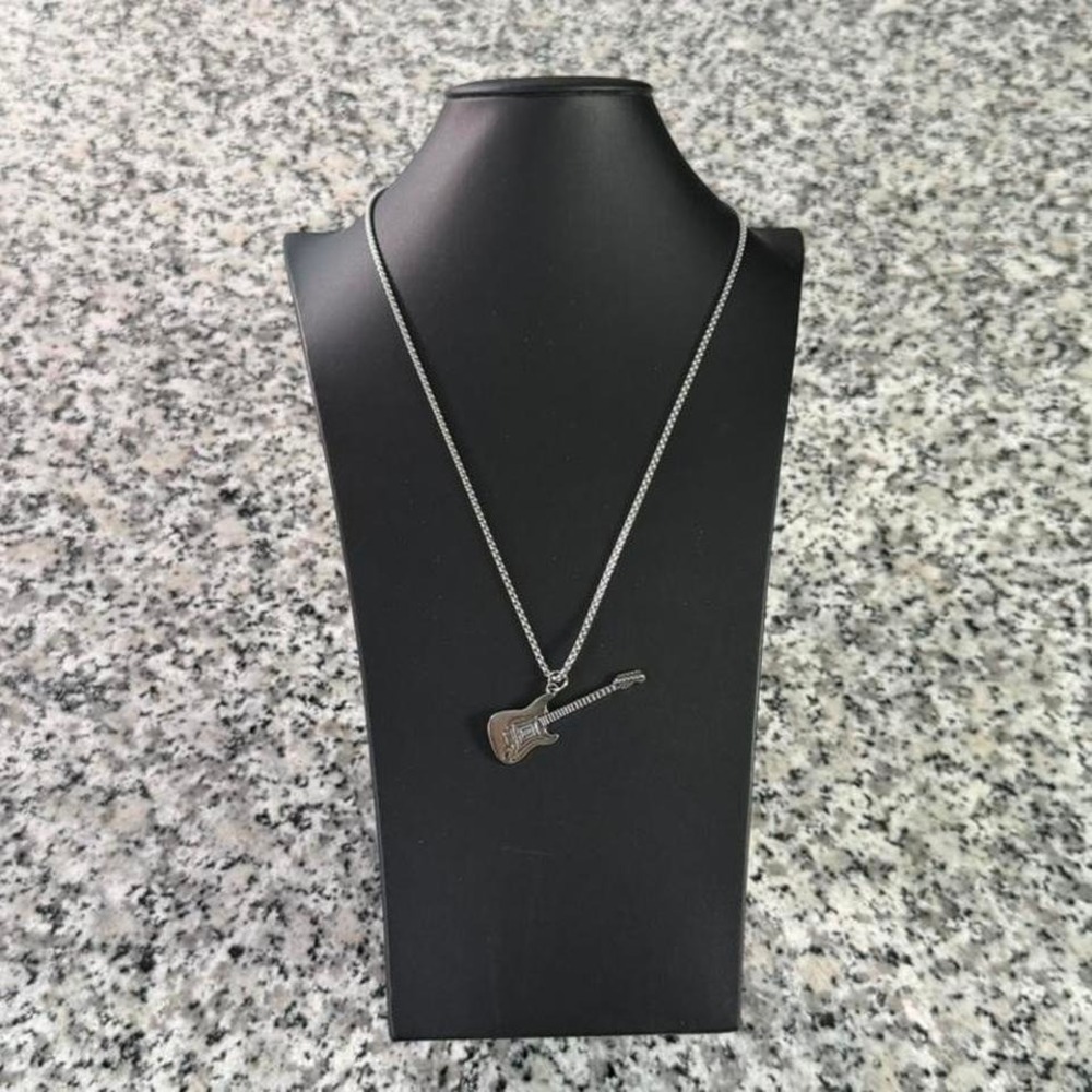 Silver Chrome Steel Y2k Music Guitar Charm Necklace Brand New